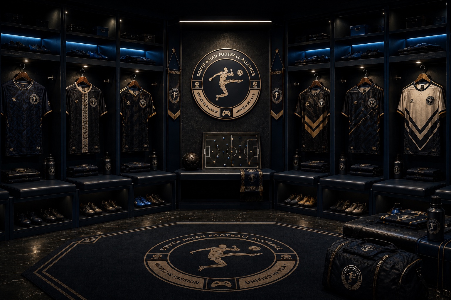 SAFA club kits displayed inside a premium football locker room